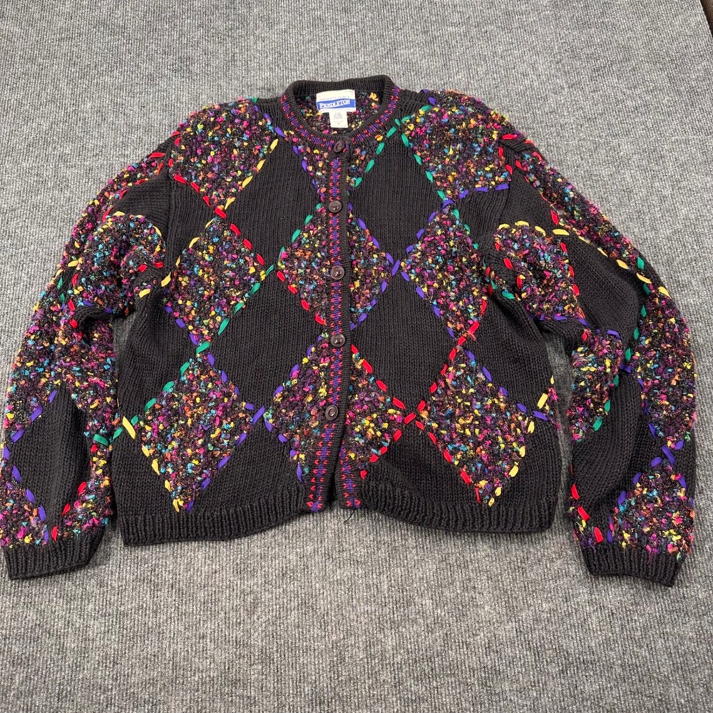 90s Pendleton Knockabouts Cardigan M Argyle Ribbon Black Casual Grannycore